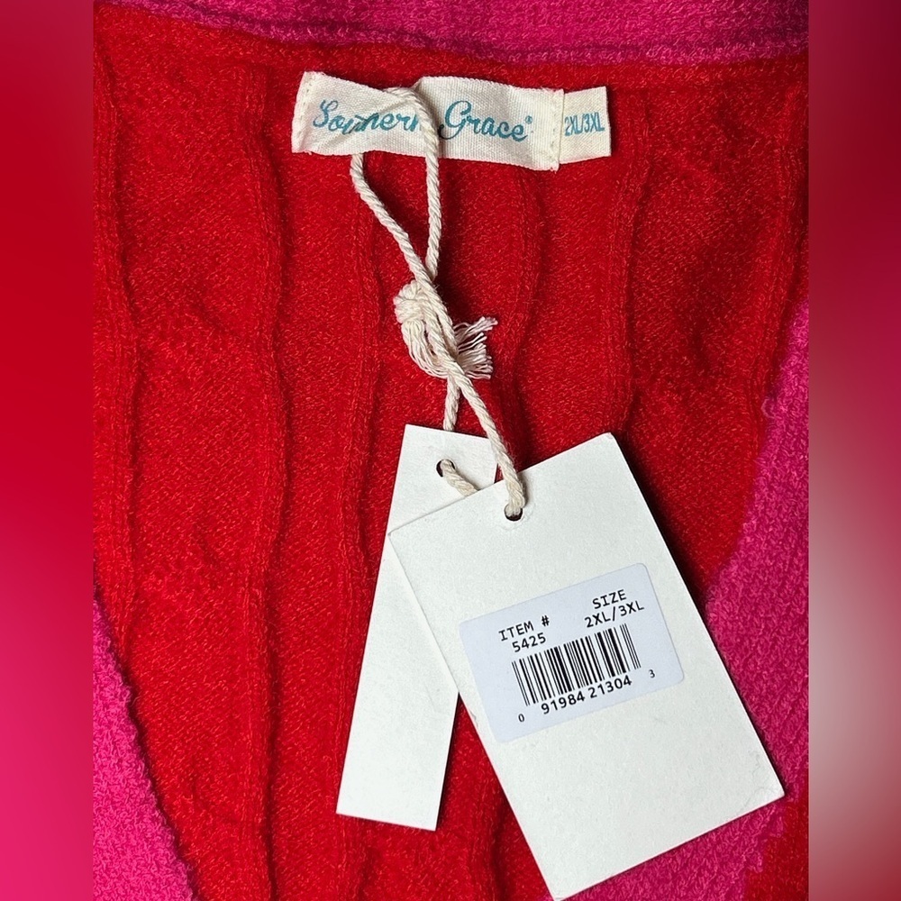 Southern Grace Bright Red Button Down Oversized Cardigan Pink Trim Sequin Trees - Picture 9 of 11